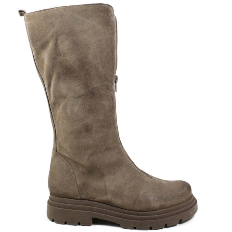 High Military Boots with Long Zipper "LOWER" - Taupe Suede