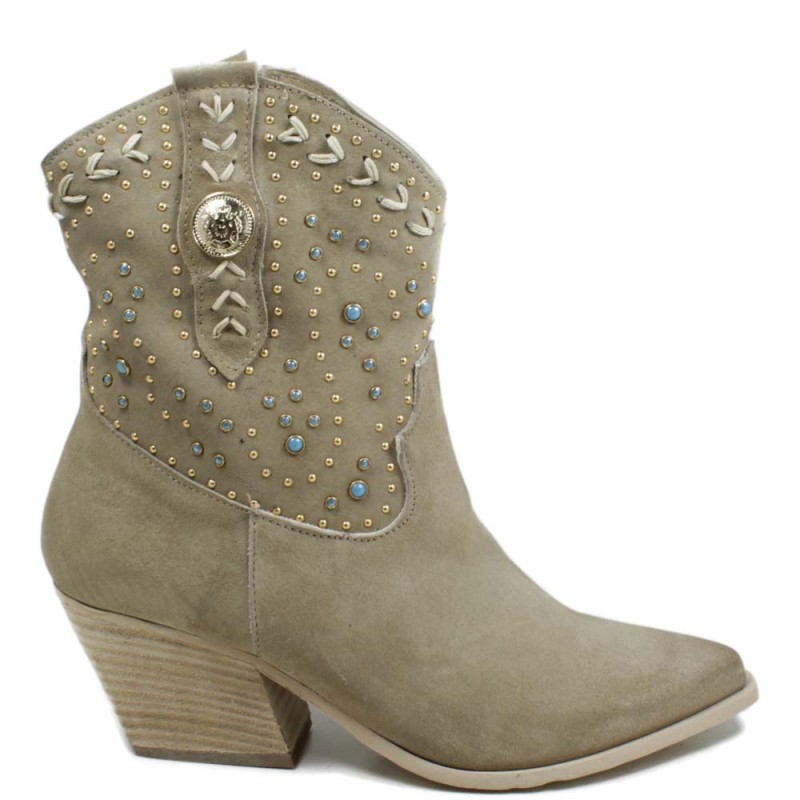 Texan Suede Boots with Studs and Pearls "ARIZONA" - Beige