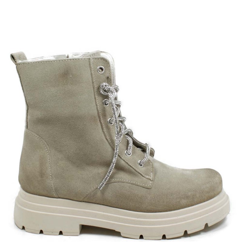 Military Boots with strass laces "BRIX" - Suede Beige