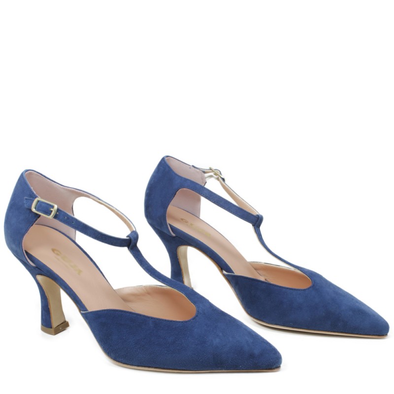 Décolleté T Strap Shoes with 8cm Heels "V59" - Blue Suede