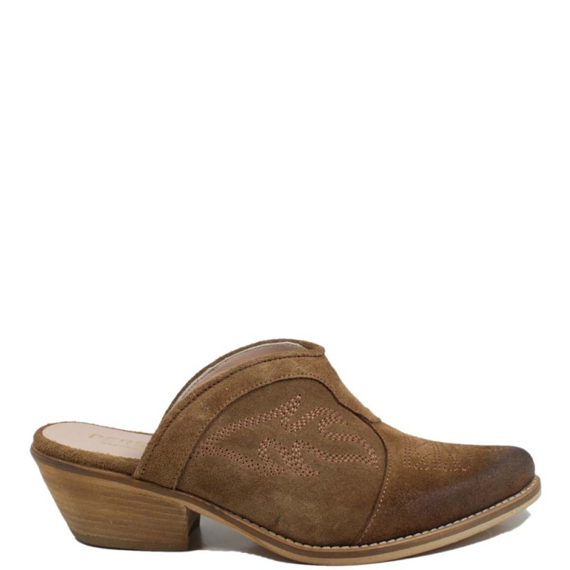 Texan Sabot Embroidered with Mid Heel "ADEL" - Tan Suede