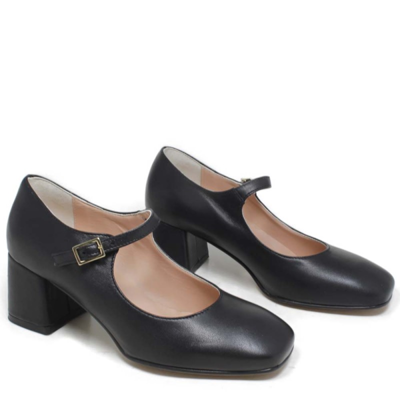 Décolleté Mary Jane Shoes with Comfort Heel "Enya" - Black Nappa