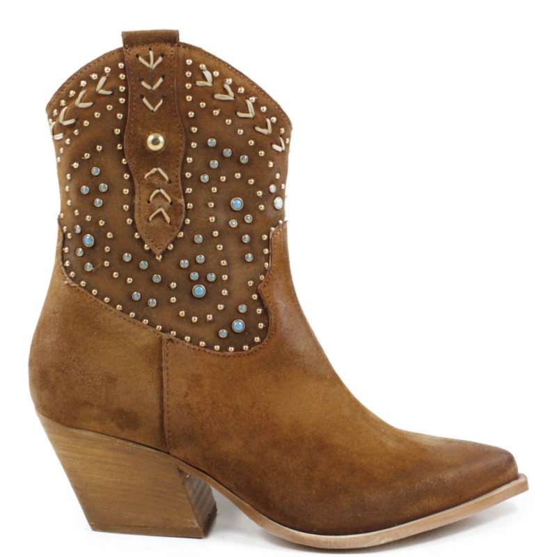 Texan Suede Boots with Studs and Pearls "ARIZONA" - Tan