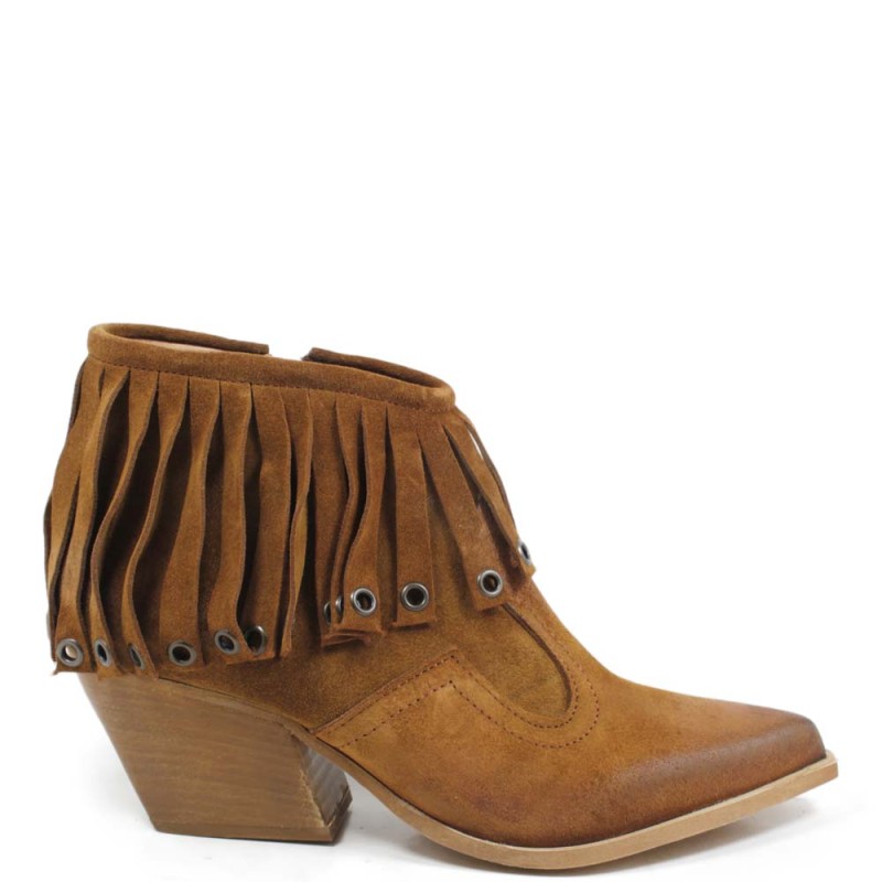 Low Texan Suede Boots with Fringe "TRENZA" - Tan