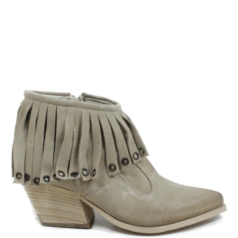Low Texan Suede Boots with Fringe "TRENZA" - Beige