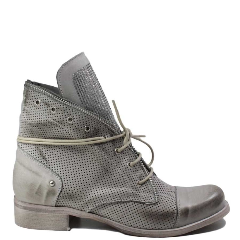 Lace-Up Biker Boots with strass '1682' - Gray Perforated