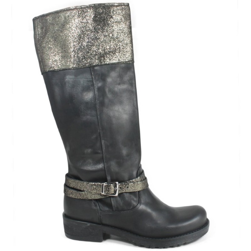 Biker Boots Metallic Silver Leather '745/LAM' - Black