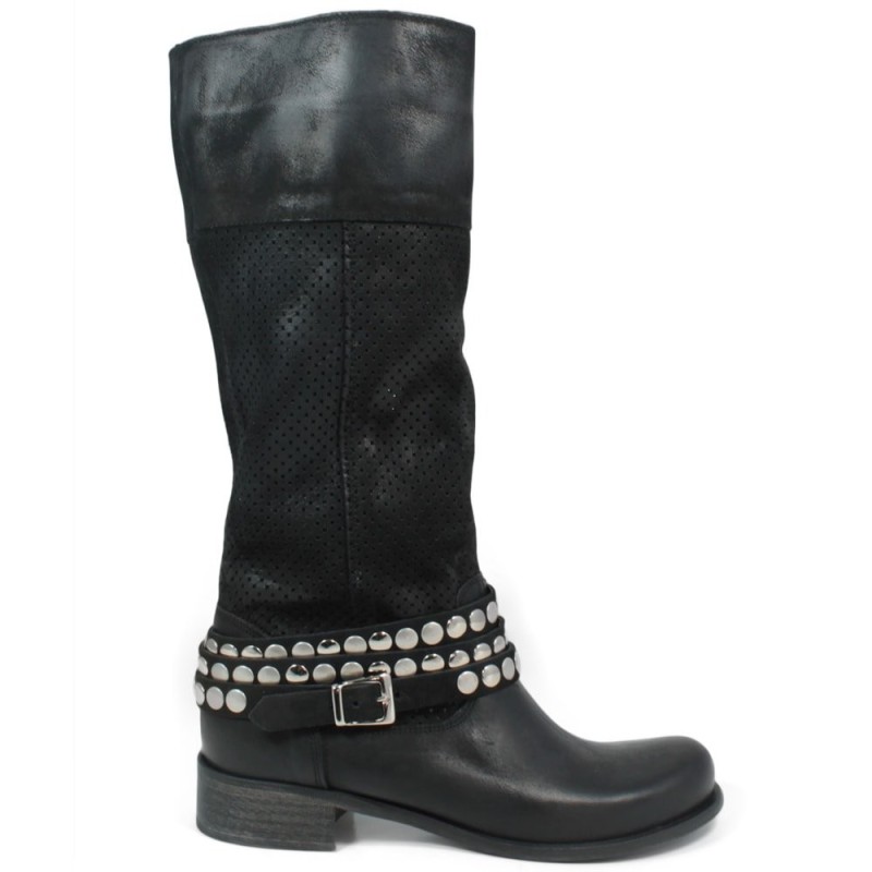 High Perforated Boots with Studs '743/B' - Black