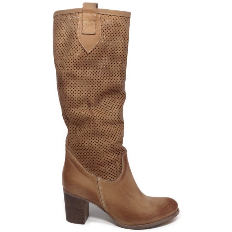 Perforated High Boots with Heel '5030' - Tan
