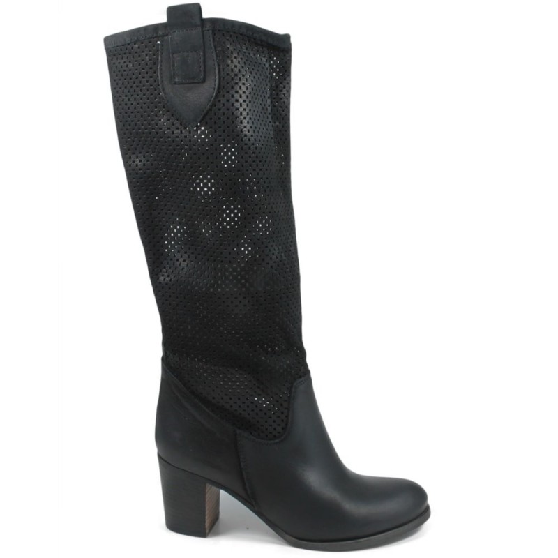 Perforated High Boots with Heel '5030' - Black