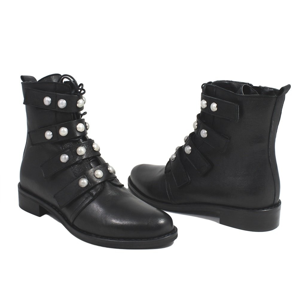 Ankle Boots with Pearls in Black Leather Made in Italy