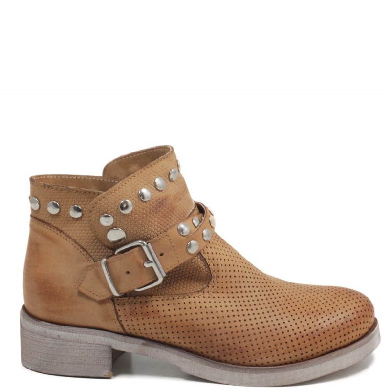 Ankle Boots Perforated with Studs '4003' - Tan