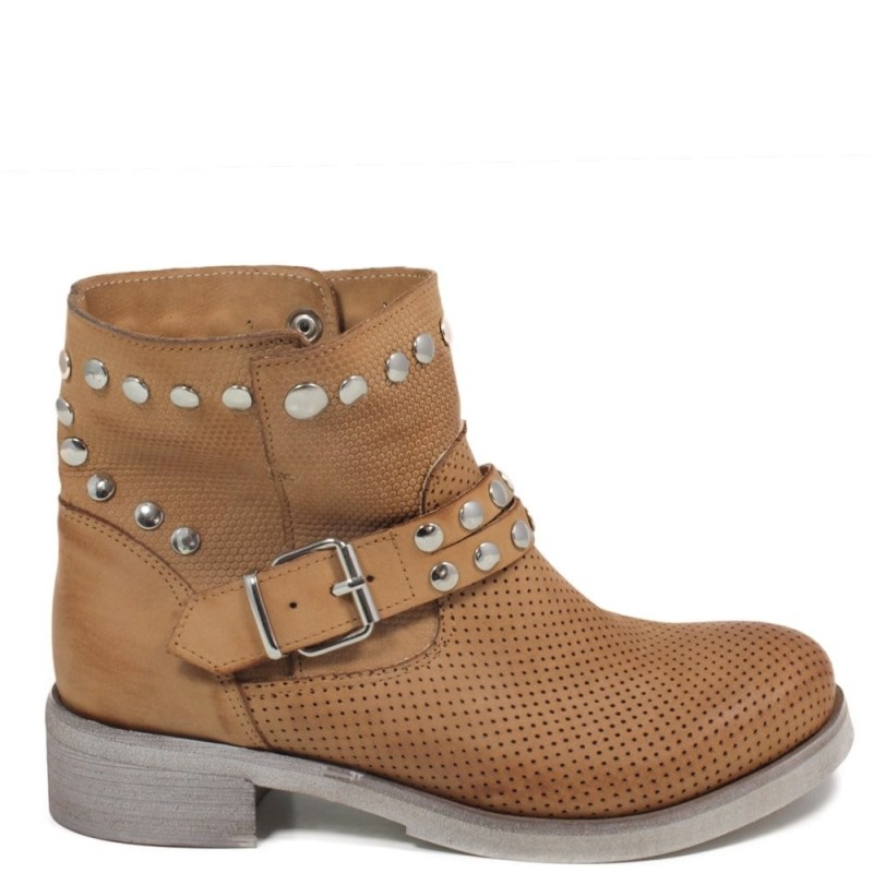 Ankle Boots Perforated with Studs '4002' - Tan