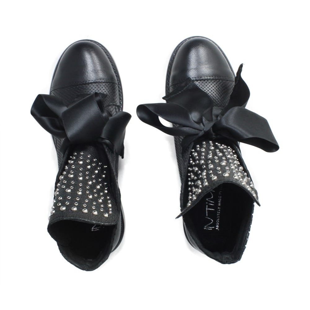 Summer Boots Black Perforated Leather Satin Lace Studs Made in Italy