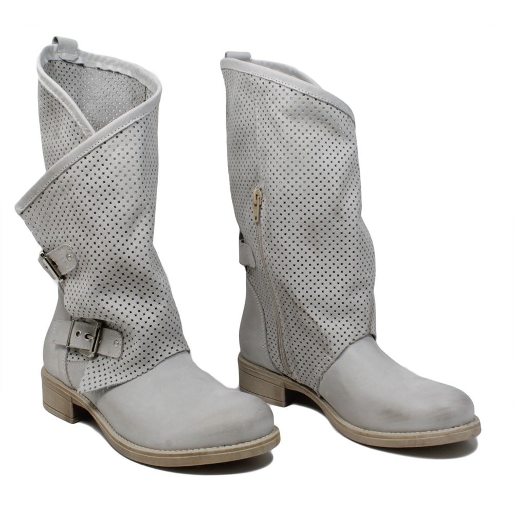 Summer Biker Boots Perforated in Genuine Gray Leather Made in Italy