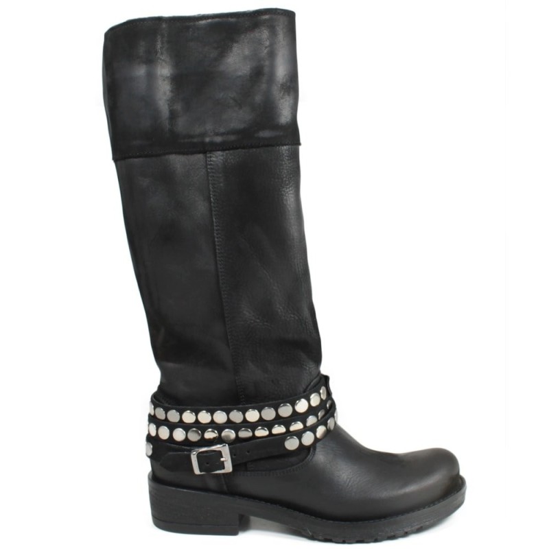 Biker Boots with Studded Strap '743/B' - Black