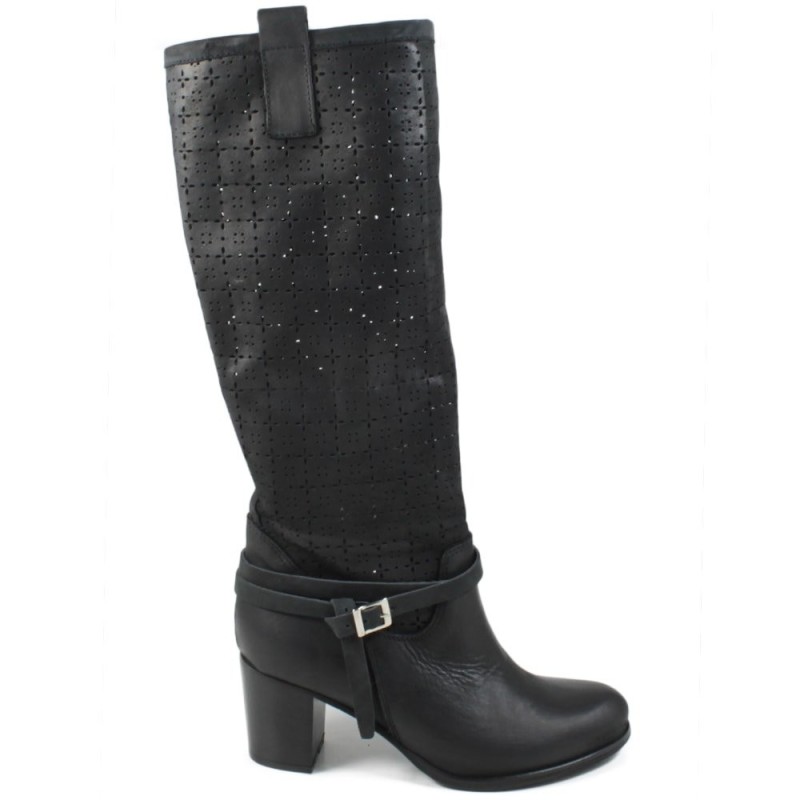 Perforated High Boots with Heel and strap '5030' - Black
