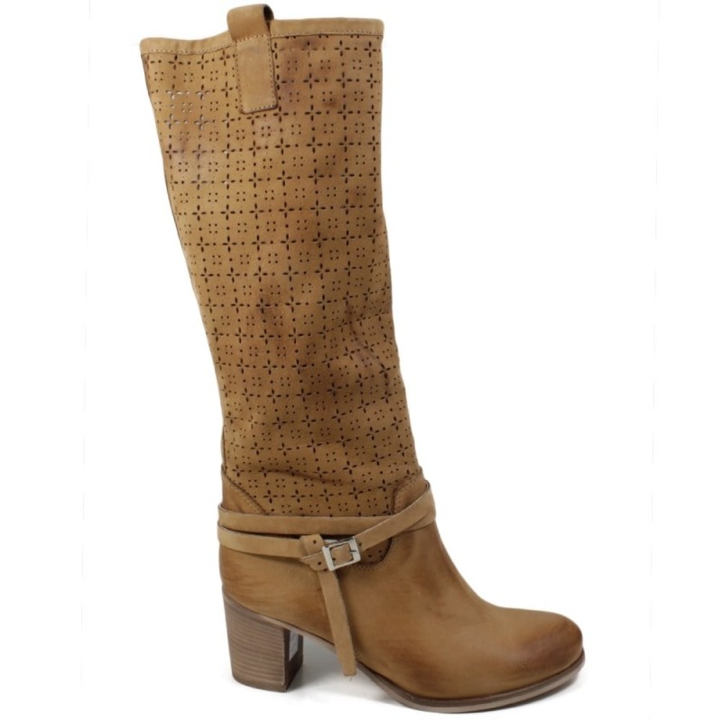 Perforated High Boots with Heel and strap '5030' - Tan