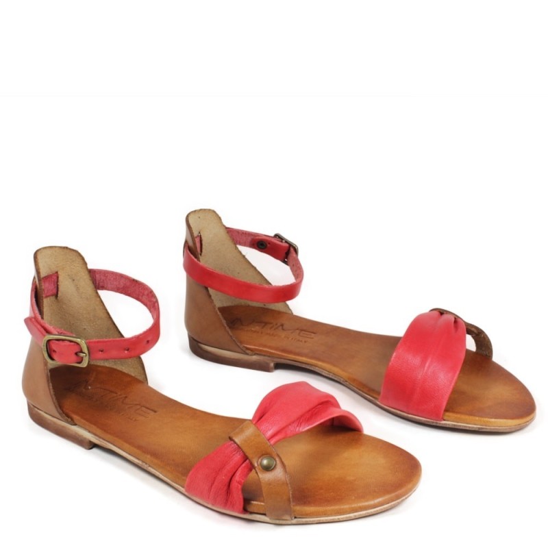 Flat Sandals in Genuine Leather "Luna" - Red/Tan