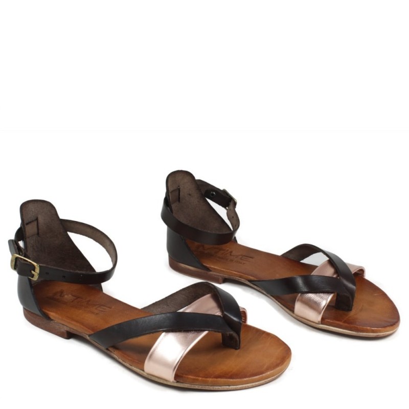 Flat Flip Flops Sandals in Genuine Leather 'Getty' - Brown/Metal Copper