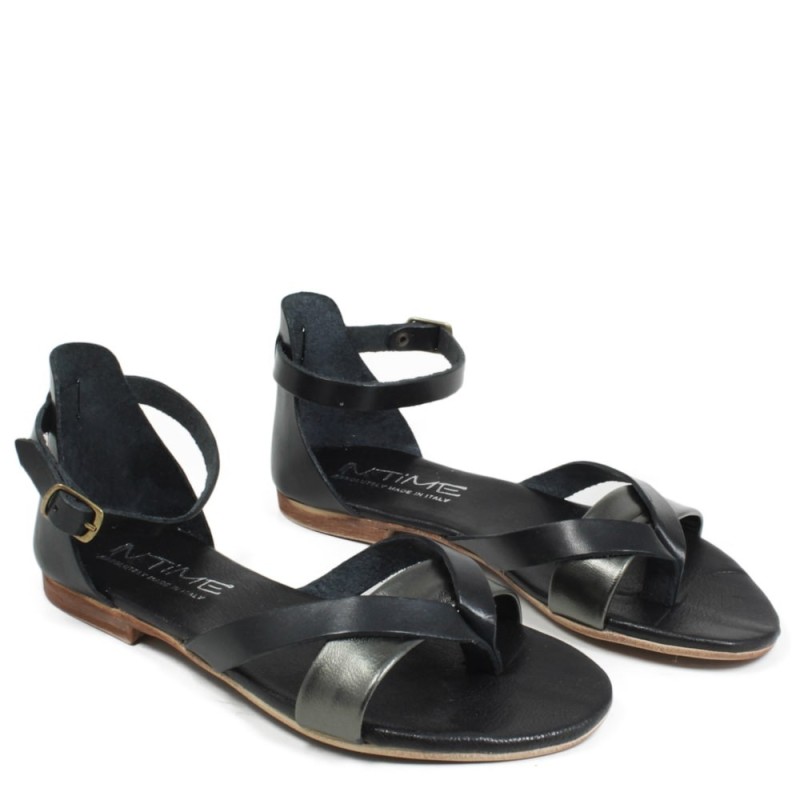 Flat Flip Flops Sandals in Genuine Leather 'Getty' - Black/Dark Gray