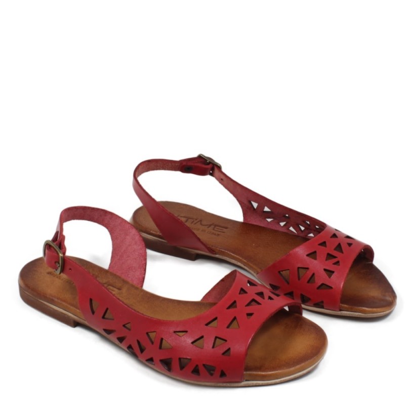 Flat Sandals in Genuine Perforated Leather "Patty" - Red/Tan