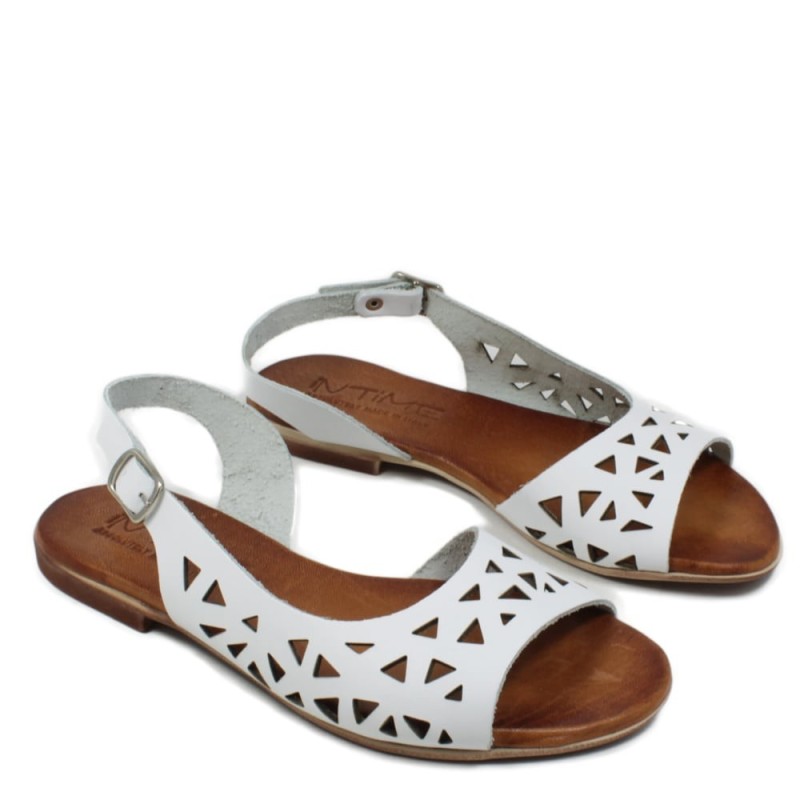 Flat Sandals in Genuine Perforated Leather "Patty" - White/Tan