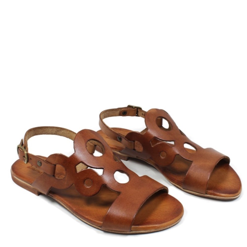 Flat Sandals in Genuine Leather 'Inca' - Tan