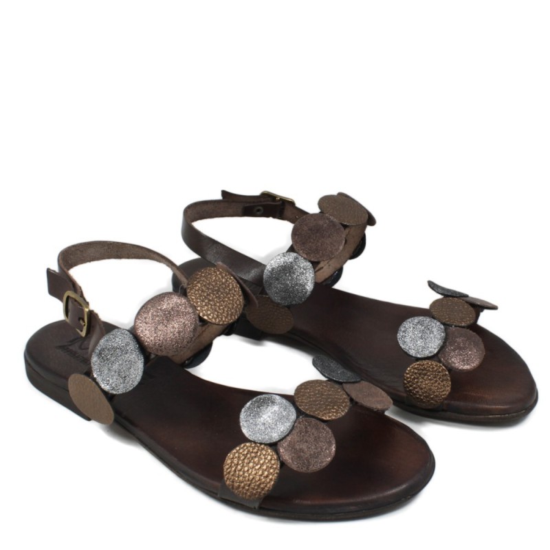 Flat Sandals in Genuine Leather 'Cent' - Brown