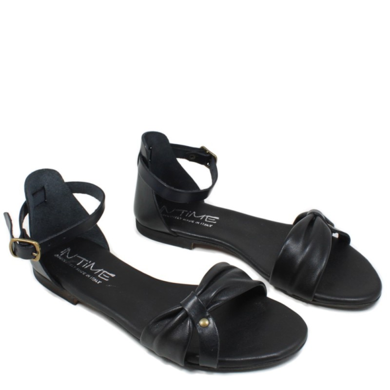 Flat Sandals in Genuine Leather "Luna" - Black