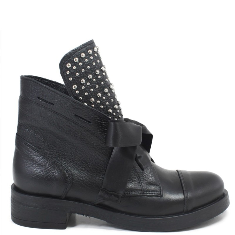Military Boots with studs and satin lace '1684' - Black