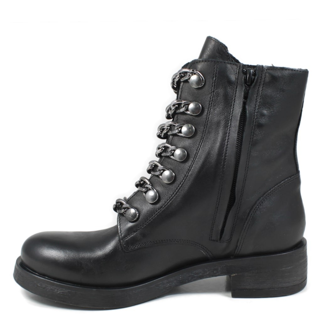 Military Woman Boots with Chains in Genuine Leather Black Made in Italy